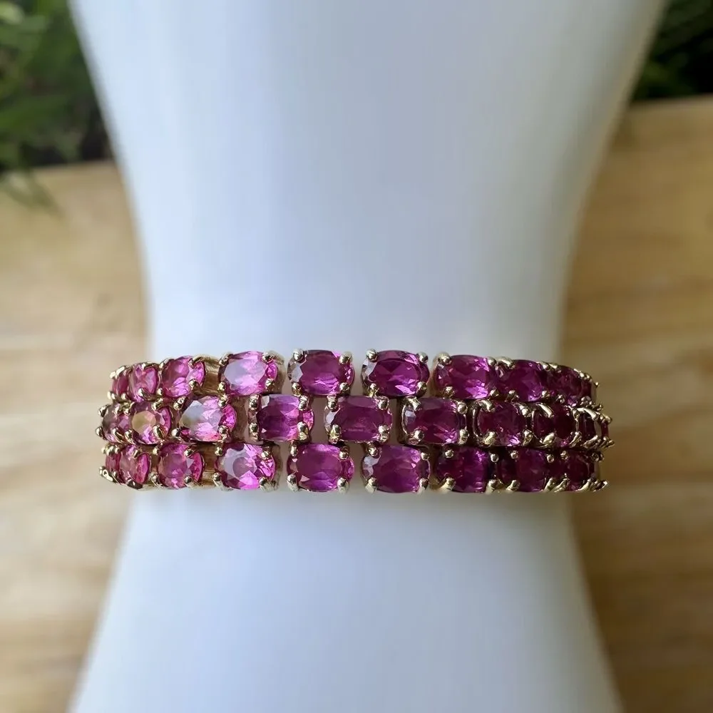 Link Bracelet Lab Pink Sapphires 3 Tier Size 7 Gold Plated Sterling Silver 42.7g